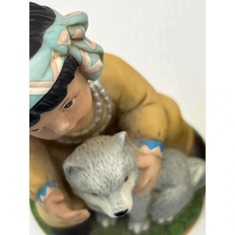 Vintage Homco 1428 Native American Children Figurines Boy Wolf Girl Lamb Set 2